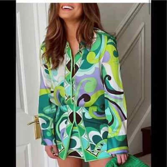 Zara Tops - Zara | Green Paisley Retro Print Satin Button Down Shirt Size Medium